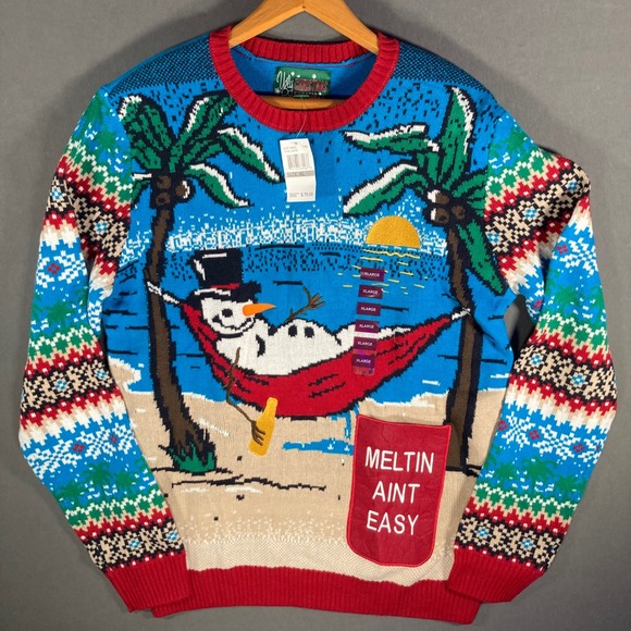 Ugly Christmas Sweater XL Mens Tropical Snowman Beach Party Novelty Pullover - Picture 1 of 14